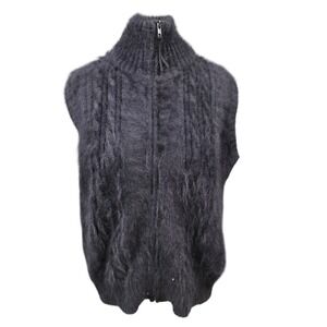 Venesha Angora Blend Vest Womens Medium Black Good Fuzzy Cable Knit Zip Up